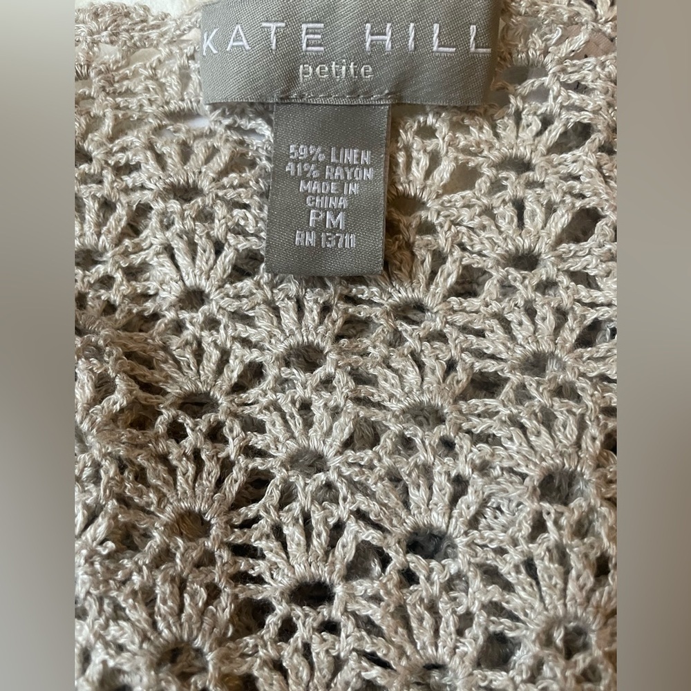 Kate Hill Petite Crochet Cardigan Linen Rayon Beige Boho Open Knit Med Sweater - Picture 5 of 6